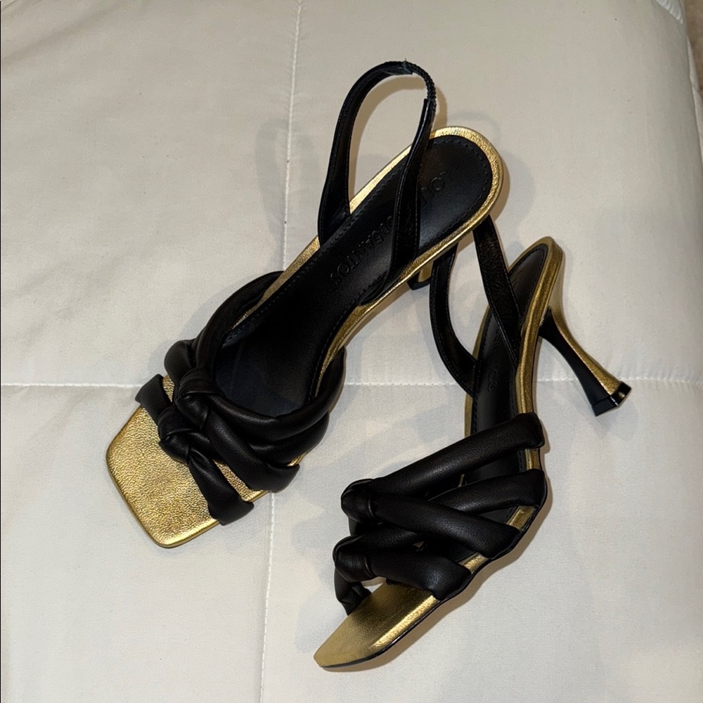Loucos & Santos Chic Black and Gold Puff Strappy Heels size 39 Brazil